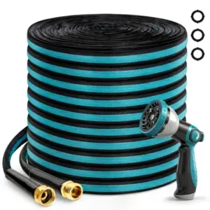 100Feet Garden Hose, Kink-Free Non-Expandable Flexible Water Hose with 10-Pattern Spray Nozzle, Lightweight Leakproof Flat Hose