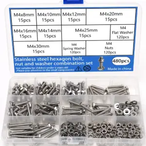 480-piece M4 stainless steel hex bolt, nut, and washer set; suitable for furniture repair and DIY projects.