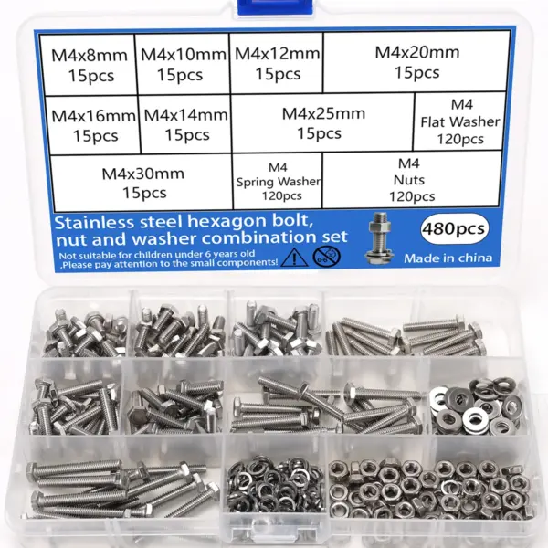 480-piece M4 stainless steel hex bolt, nut, and washer set; suitable for furniture repair and DIY projects.