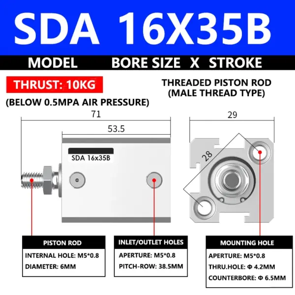 ABILKEEN SDA16X35B SDA Series Thin Air Cylinder 16MM Male Thread Bore X 35MM Stroke Double Acting Pneumatic Compact Cylinder