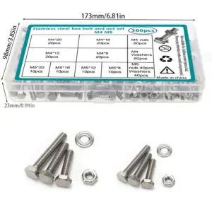 360-piece set of stainless steel hex bolts and nuts, M4 and M5, lengths 8mm, 12mm, 16mm, and 20mm.