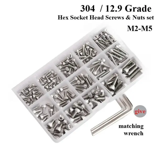 304 Stainless Steel / 12.9 Grade Hex Socket Head Screws Nuts Set, Allen Bolts Assortment Kit M2-M5 for DIY, Furniture & Industri