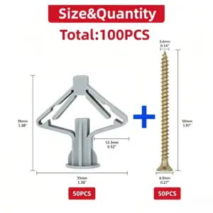 Butterfly Wall Anchors 100Pcs(50 Sets), Hollow Wall Expansion Tubes with Screws for Drywall & Plasterboard