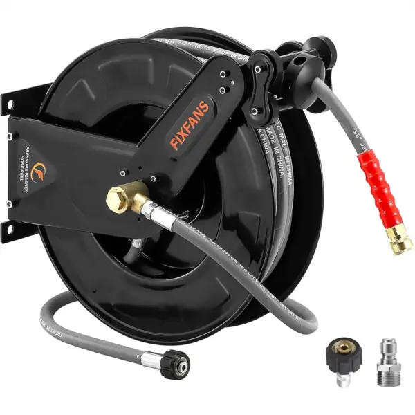 Pressure Washer Hose Reel 50 FT, Heavy Duty Auto-Retractable, Wire Braided 4000 PSI Hot Cold Water, Steel Construction