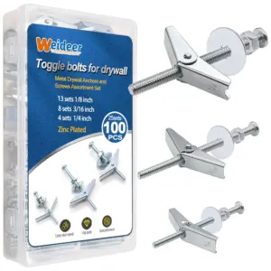 100Pcs Toggle Bolts Kit 1/8" 3/16" 1/4" Heavy Duty Drywall Anchors with Wing Nuts, Screws, Washers - 25 Sets