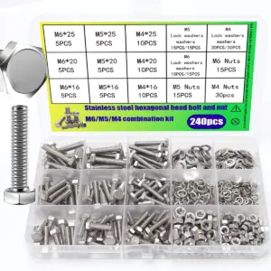 240pcs stainless steel hex bolt, nut and washer combination set, M4/M5/M6 hex head bolts, suitable for home and machinery repair