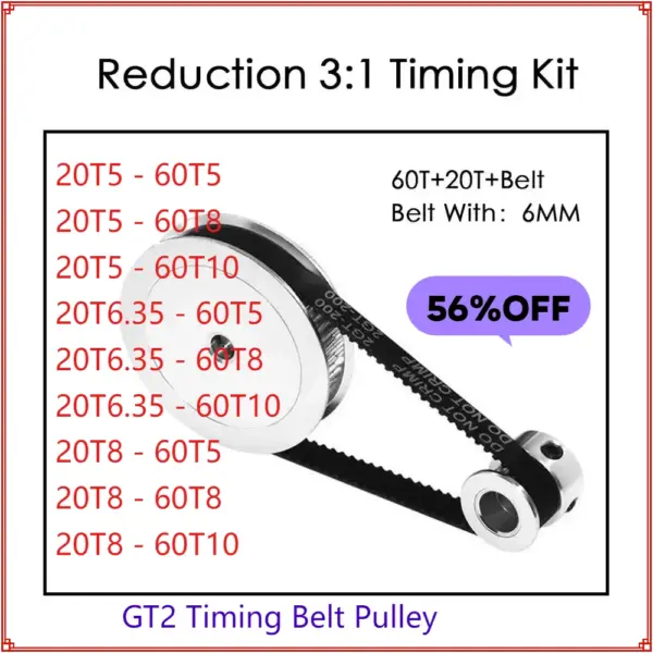 GT2 Timing Belt Pulley 60teeth 20T 5mm/8mm Reduction 3:1/1:3 Belt Width 6mm for 3D Printer Closed Loop Synchronous Timing Belt