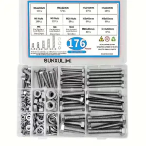 A Set of 176 Hex Bolts, Including M6, M8, And M10 Heavy-Duty Bolts And Nuts, Crafted from Stainless Steel, Featuring 8 of The Mo