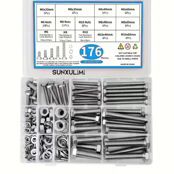 A Set of 176 Hex Bolts, Including M6, M8, And M10 Heavy-Duty Bolts And Nuts, Crafted from Stainless Steel, Featuring 8 of The Mo