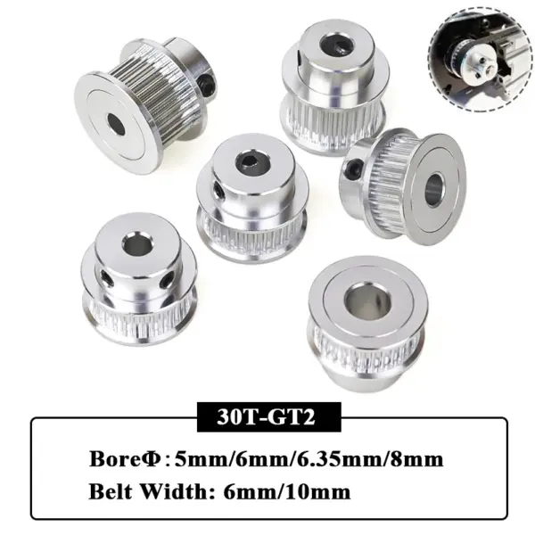 2Pcs GT2 30 Teeth Aluminum 2GT Timing Pulley Bore 5mm/6mm/6.35mm/8mm Belt Width 6mm/10mm for 3D Printer Parts