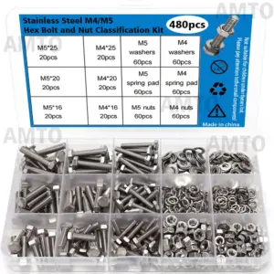 A kit of 480 stainless steel hex bolts and nuts, sizes: M4/M5, lengths: 16mm, 20mm, 25mm.