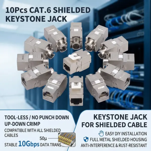 10PCS CAT.6 Shielded Tool-less RJ45 Keystone Jack, No Punch Down Up-Down Crimp, 10Gbps Network Data Connector for Cat.6 Shielded