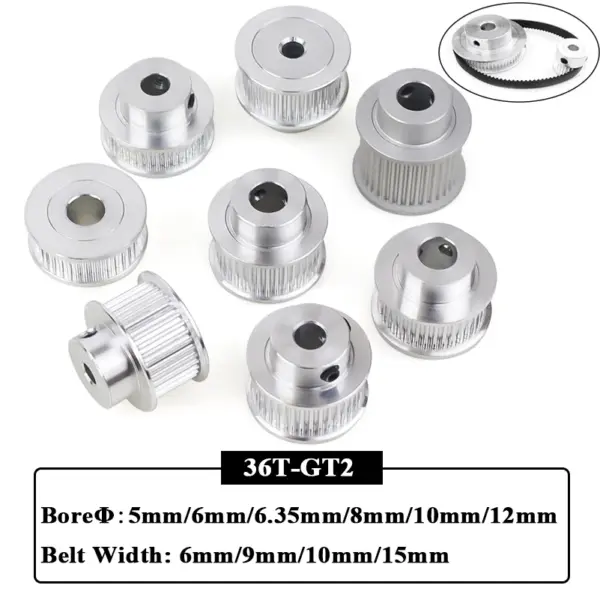 2Pcs GT2 36 Teeth Aluminum 2GT Timing Pulley Bore 5mm/6mm/6.35mm/8mm/10mm/12mm Belt Width 6mm/9mm/10mm/15mm for 3D Printer Parts