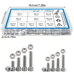 160-piece stainless steel socket head cap bolt and nut set, M5/M6, lengths 8mm, 12mm, 16mm, 20mm, for industrial equipment.