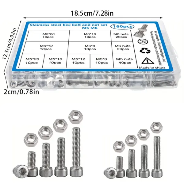160-piece stainless steel socket head cap bolt and nut set, M5/M6, lengths 8mm, 12mm, 16mm, 20mm, for industrial equipment.