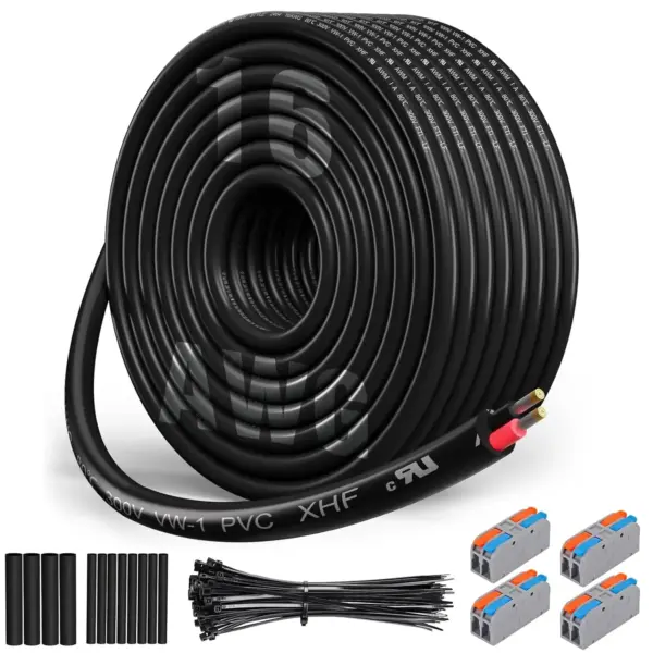16 Gauge 2 Conductor Electrical Wire, Tinned Copper Stranded PVC Cord For Automotive, Marine, RV, 50ft Black