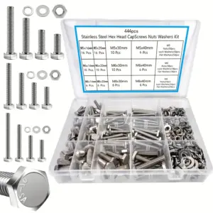 444 M5 M6 M8 Bolt and Screw Assemblies, Stainless Steel Metric Bolt Assemblies, Silver Hex Head Screw Kits with Washers