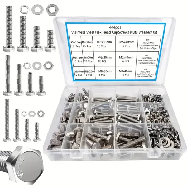 444 M5 M6 M8 Bolt and Screw Assemblies, Stainless Steel Metric Bolt Assemblies, Silver Hex Head Screw Kits with Washers