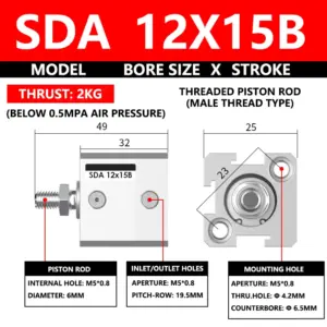 ABILKEEN SDA12X15B SDA Series Thin Air Cylinder 12MM Male Thread Bore X 15MM Stroke Double Acting Pneumatic Compact Cylinder