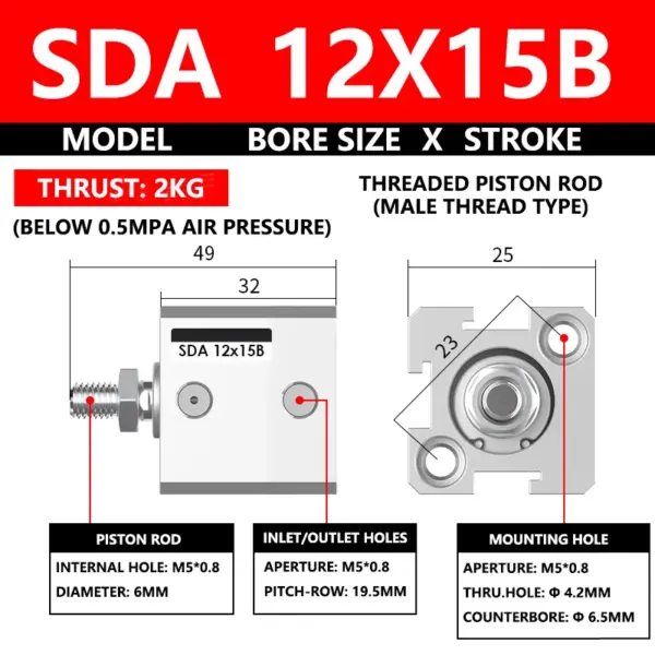 ABILKEEN SDA12X15B SDA Series Thin Air Cylinder 12MM Male Thread Bore X 15MM Stroke Double Acting Pneumatic Compact Cylinder
