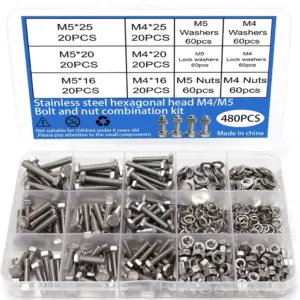 480-piece stainless steel hex bolt and nut set, M4 & M5, suitable for industrial machinery and home maintenance.