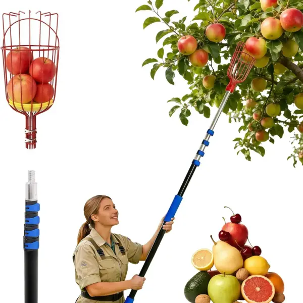 26FT Telescoping Fruit Picker Pole with Basket, Extendable Aluminum Harvesting Tool for Apples, Avocados, Mangoes, Citrus Fruits