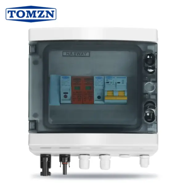 TOMZN Solar Photovoltaic PV Combiner Box Short-circuit Lightning Protection 1 IN 1 OUT DC 600V Fuse MCB SPD Waterproof Box IP65