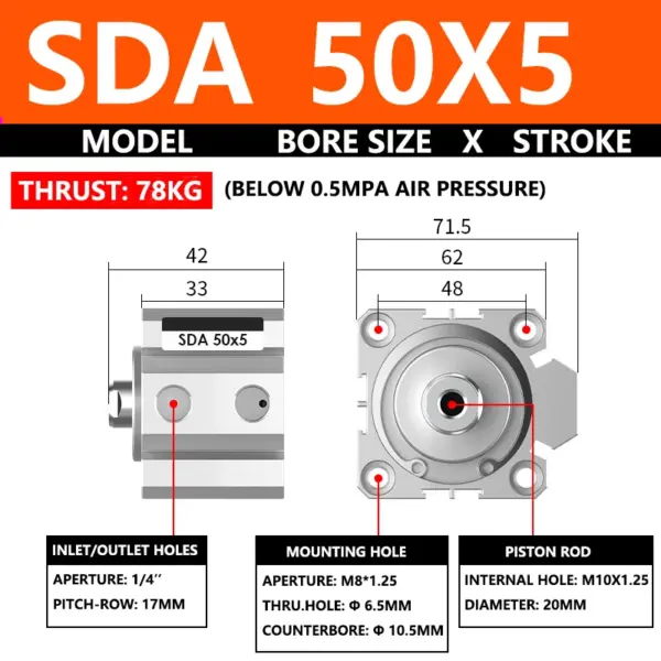ABILKEEN SDA50X5 SDA Series Thin Air Cylinder 50MM Female Thread Bore X 5MM Stroke Double Acting Pneumatic Compact Cylinder