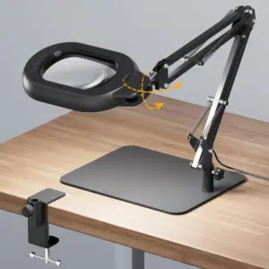 10X Square Magnifying Glass Desk Lamp with Adjustable Clamp, Dimmable LED Light, Stand, and Swing Arm for Reading, Crafting, and