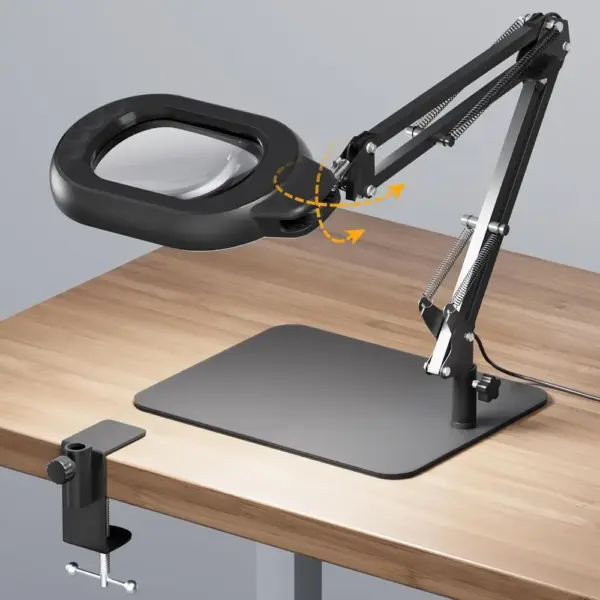 10X Square Magnifying Glass Desk Lamp with Adjustable Clamp, Dimmable LED Light, Stand, and Swing Arm for Reading, Crafting, and