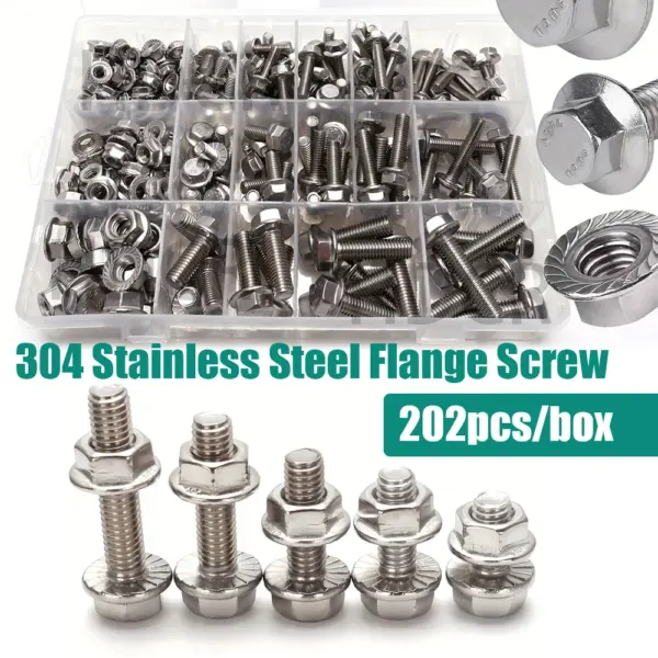 202 pcs 304 stainless steel hexagonal flange bolt and nut set, sizes M5/M6/M8, lengths: 10mm,12mm,16mm,20mm,25mm,30mm,35mm