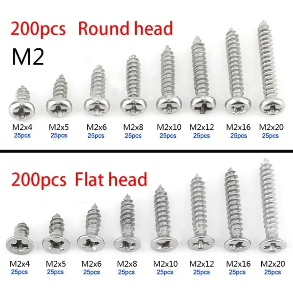 200PCs M2 stainless steel flat head screws kits high strength self-tapping screws assortment set for wood furniture