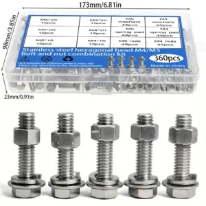 360-piece stainless steel hex bolt, nut, and washer set, M4/M5, lengths 16mm, 20mm, 25mm.