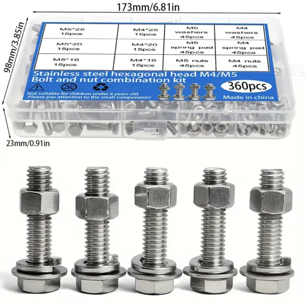 360-piece stainless steel hex bolt, nut, and washer set, M4/M5, lengths 16mm, 20mm, 25mm.