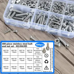 480-piece stainless steel Phillips head bolt and nut set, M3/M4/M5, for DIY and home repair and maintenance.