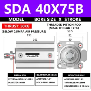 ABILKEEN SDA40X75B SDA Series Thin Air Cylinder 40MM Male Thread Bore X 75MM Stroke Double Acting Pneumatic Compact Cylinder