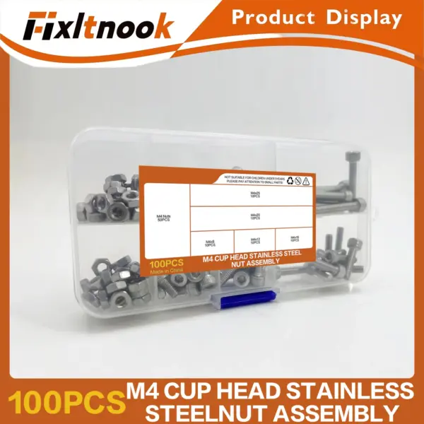 100-Piece M4 Screw Set, Ideal for 3D Printer DIY Projects, Includes Hex Bolts, Nuts, and Washers, 304 Stainless Steel