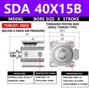 ABILKEEN SDA40X15B SDA Series Thin Air Cylinder 40MM Male Thread Bore X 15MM Stroke Double Acting Pneumatic Compact Cylinder