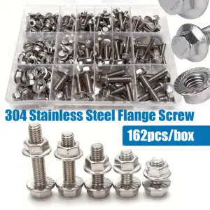 162 pcs 304 stainless steel hexagonal flange bolt and nut set, sizes M5/M6/M8, lengths: 10mm,12mm,16mm,20mm,25mm,30mm,35mm