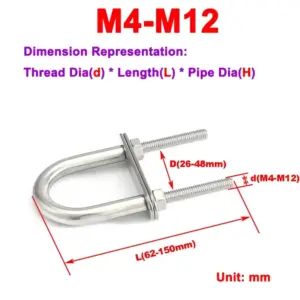 304 Stainless Steel U-Bolt Clamp Kit / Extended U-Shape Rod with Nuts & Washers for Pipe, Cable & Marine Equipment Mounting