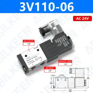 ABILKEEN 3V110-06 PT 1/8'' Air Solenoid Valves 3 Way 2 Position Normally Closed Pneumatic Solenoid Valve 12V 24V 36V 110V 220V