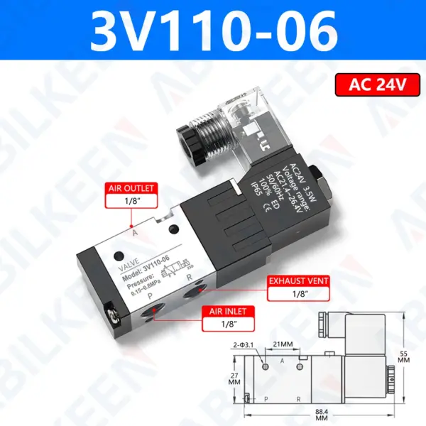 ABILKEEN 3V110-06 PT 1/8'' Air Solenoid Valves 3 Way 2 Position Normally Closed Pneumatic Solenoid Valve 12V 24V 36V 110V 220V
