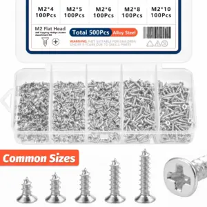 500pcs M2 Self Tapping Phillips Screws Assortment Kit 5 Sizes Alloy Steel Cross Drive Flat Head Self Drilling Wood Screws DIY