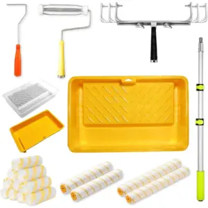 Eighteen inch 22 piece paint roller set with tray liner extension pole for DIY interior wall and room painting