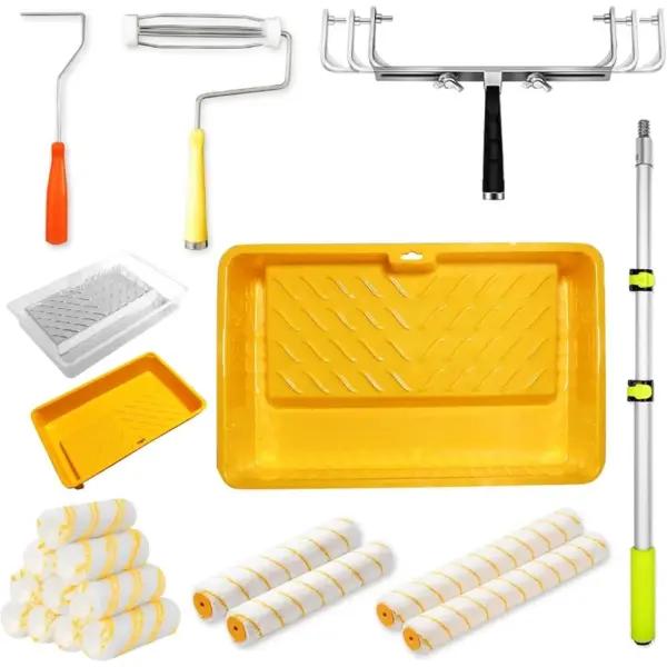 Eighteen inch 22 piece paint roller set with tray liner extension pole for DIY interior wall and room painting