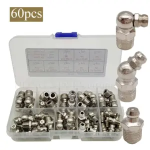 60Pcs/Set M6 M8 M10 Straight and 90 Degree and 45 Degree Steel Zerk Grease Nipple Fitting Assortment Kits