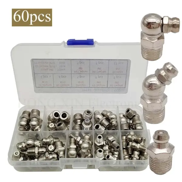 60Pcs/Set M6 M8 M10 Straight and 90 Degree and 45 Degree Steel Zerk Grease Nipple Fitting Assortment Kits