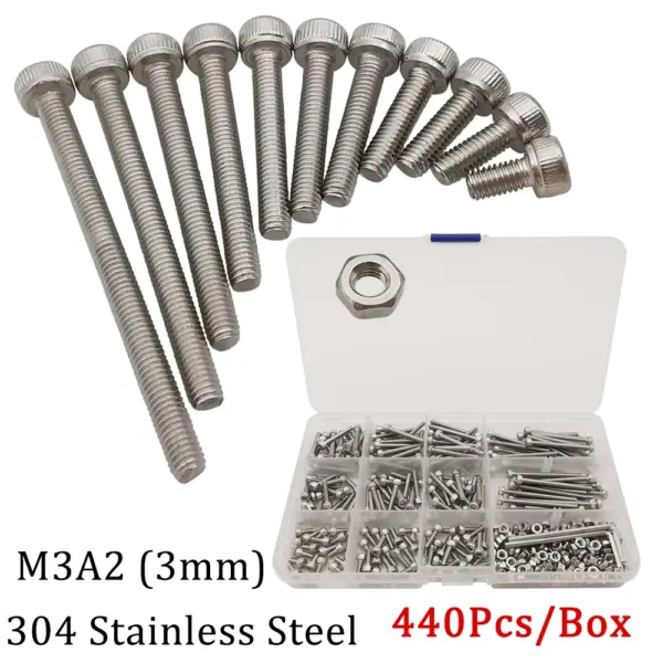 440Pcs/Box M3 (3mm) A2 Screws Nuts 304 Stainless Steel Allen Hexagon Hex Socket Cap Head Screw Bolt Wrench Nut Assortment Kit