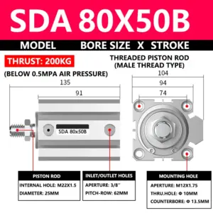 ABILKEEN SDA80X50B SDA Series Thin Air Cylinder 80MM Male Thread Bore X 50MM Stroke Double Acting Pneumatic Compact Cylinder