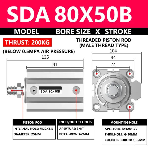 ABILKEEN SDA80X50B SDA Series Thin Air Cylinder 80MM Male Thread Bore X 50MM Stroke Double Acting Pneumatic Compact Cylinder